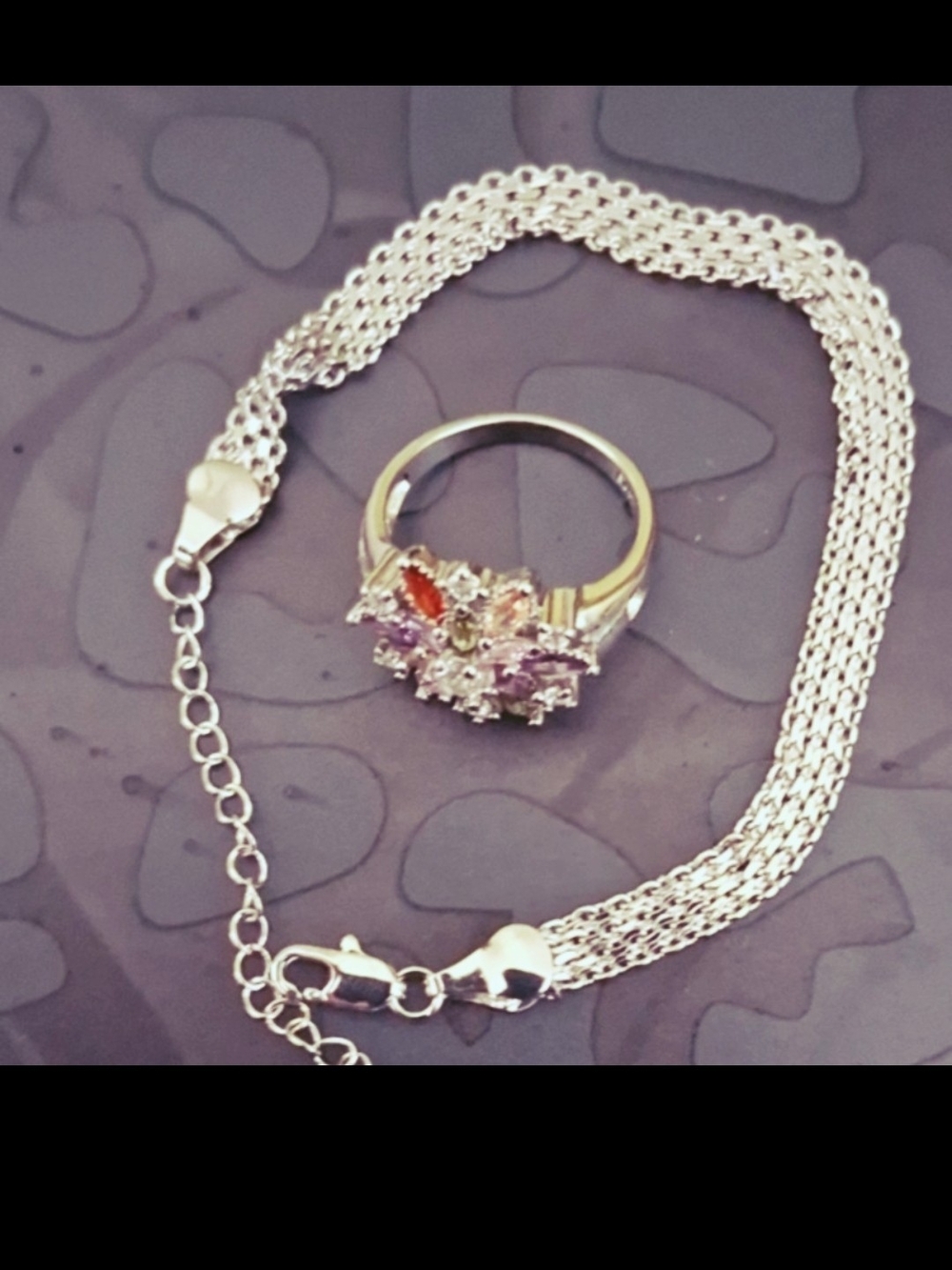 Silver Multi-Stone Floral Cocktail Ring - Pink & Orange Gemstones